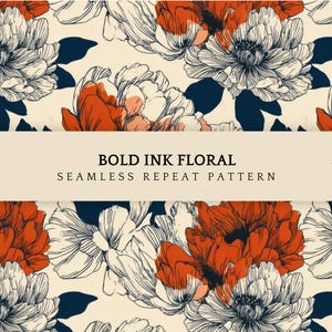 Bold Ink Floral Seamless Pattern | Rust Navy Ivory Botanical | Modern Statement Fabric & Wallpaper
