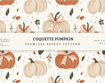 Coquette Pumpkin Seamless Pattern | Terracotta Cream Autumn Toss Print (Digital Paper)