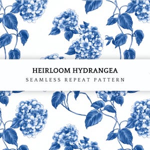 May include: A seamless repeat pattern featuring blue hydrangea flowers and leaves on a white background. The text reads: ORIGINAL ARTWORK by PatternEleven, HEIRLOOM HYDRANGEA SEAMLESS REPEAT PATTERN, 4800 x 4800 px, 300 dpi. The design is botanical.