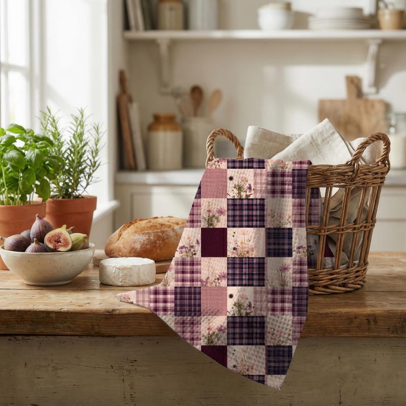 May include: A kitchen towel featuring a patchwork design of alternating squares in shades of purple, pink, and white. The pattern includes floral illustrations of wildflowers and classic plaid textures, draped over the side of a woven wicker basket.