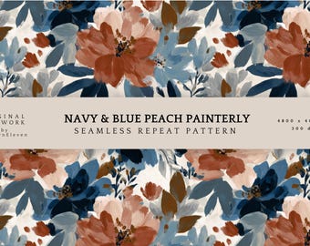 Navy Blue Floral Seamless Pattern | Ochre Botanical Repeat (Digital Download)