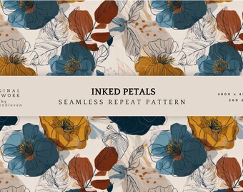 Inked Petals Navy & Ochre Seamless Pattern | Bold Modern Floral | Fabric, Wallpaper and Surface Design