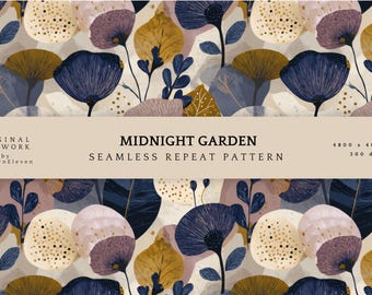 Stämningsfullt sömlöst blommönster | Marinblått, guld, beige (digital nedladdning)