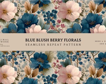 Blue Blush Floral Seamless Pattern | Wedding Stationery Fabric (Digital Download)