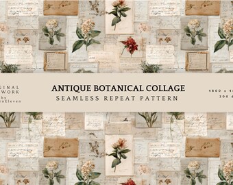 Vintage Garden Ephemera Seamless Pattern | Antique Botanical Collage | Cottagecore Floral Background