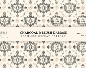 French Damask Seamless Pattern, Charcoal & Blush Vintage Design (Digital Download)