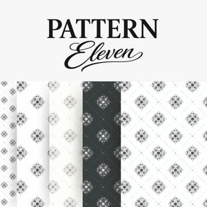 Könnte beinhalten: Eine digitale Grafik mit der Aufschrift PATTERN eleven, die eine Sammlung von sich wiederholenden nahtlosen Mustern zeigt. Die Designs bestehen aus schwarz-weißen Blumenmotiven, die in einem Raster mit dünnen diagonalen Linien auf hellen und dunklen Hintergründen angeordnet sind.
