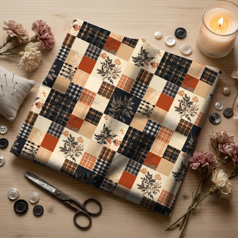 May include: A square piece of fabric featuring a patchwork design of alternating squares. The pattern includes solid burnt orange, cream, and black squares, alongside squares with black and white plaid, brown plaid, and botanical floral illustrations.