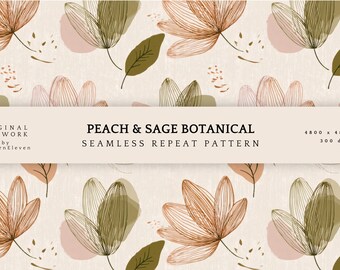 Peach Sage Floral Pattern | Botanical Seamless Repeat (JPG or PNG)