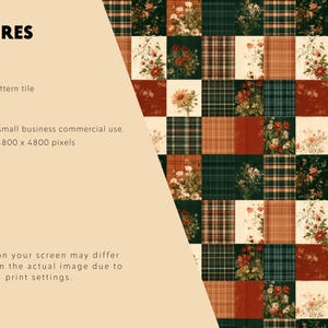 May include: A seamless pattern tile featuring a grid of alternating squares. Some squares display floral arrangements in red, white, and green, while others show a plaid design in shades of dark green, brown, and orange. Text includes FEATURES.