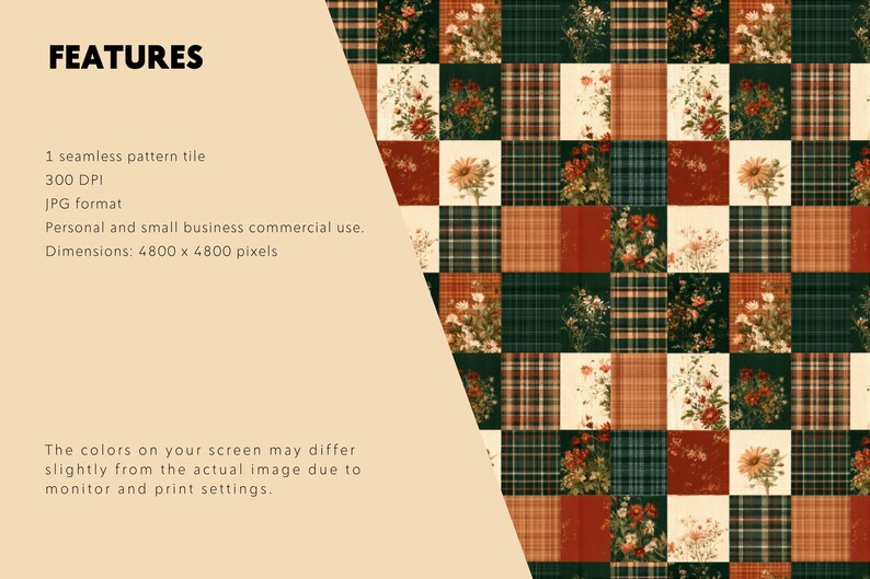 May include: A seamless pattern tile featuring a grid of alternating squares. Some squares display floral arrangements in red, white, and green, while others show a plaid design in shades of dark green, brown, and orange. Text includes FEATURES.