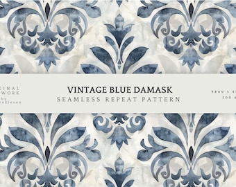 French Blue Damask Seamless Pattern | Vintage European Floral Wallpaper | Classic French Retro Design