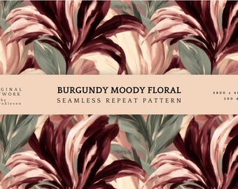 Burgundy Botanical Seamless Pattern, Moody Floral Fabric Design, Aubergine & Olive Fall Pattern, Digital Print