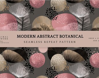 Modern Abstract Botanical Seamless Pattern | Charcoal, Blush & Gold Digital Paper | High-Resolution Background