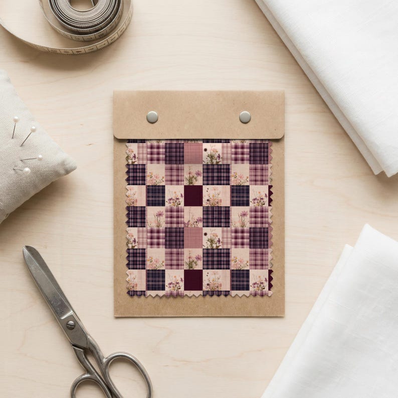 May include: A fabric swatch card featuring a repeating checkerboard pattern of alternating squares. The design includes dark purple plaid squares and light pink squares decorated with small, delicate illustrations of wildflowers and botanical sprigs.