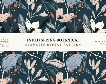 柔らかなインクで描いた春の植物柄シームレスパターン｜モダンな花柄リピート｜ファブリック、壁紙、表面デザイン