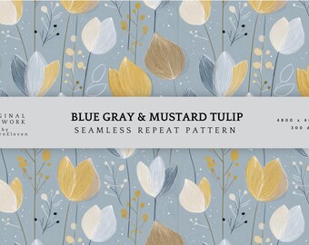 Blue Gray Tulip Seamless Pattern | Mustard Botanical Repeat