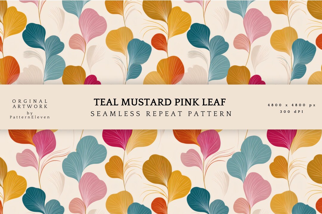 Leaf Deco Pattern Art Deco Leaf Pattern | Teal, Mustard, Pink (digital Download) - Etsy