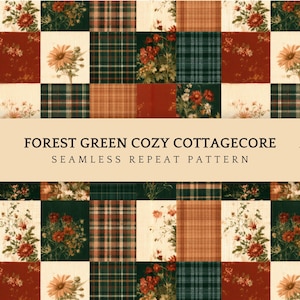 May include: A seamless repeat pattern featuring a grid of squares with floral illustrations, plaid designs, and solid rust-colored blocks. Text reads: ORIGINAL ARTWORK by PatternEleven, FOREST GREEN COZY COTTAGECORE SEAMLESS REPEAT PATTERN, 4800 x 4800 px, 300 dpi.