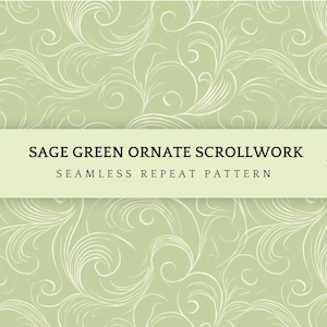 Può includere: Motivo ripetuto senza soluzione di continuità verde salvia con un design a volute ornate. Il motivo presenta uno sfondo verde chiaro con elementi floreali bianchi a vortice. L'immagine include il testo "SAGE GREEN ORNATE SCROLLWORK" e "SEAMLESS REPEAT PATTERN".