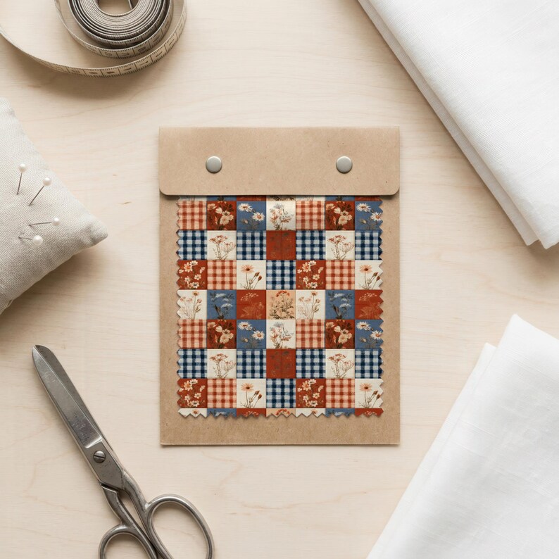 May include: A fabric swatch card featuring a patchwork design of alternating squares. The pattern includes blue and white gingham, red and white gingham, and cream squares decorated with various floral illustrations in shades of red and blue.