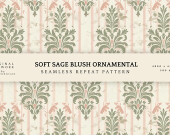 French Damask Seamless Pattern, Sage Green Blush Stripe, Vintage Wallpaper (Digital Download)