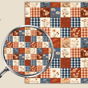 May include: A digital pattern featuring a grid of squares with alternating designs including blue and white gingham, red and white plaid, and botanical illustrations of wildflowers in shades of rust, cream, and blue, viewed through a magnifying glass.