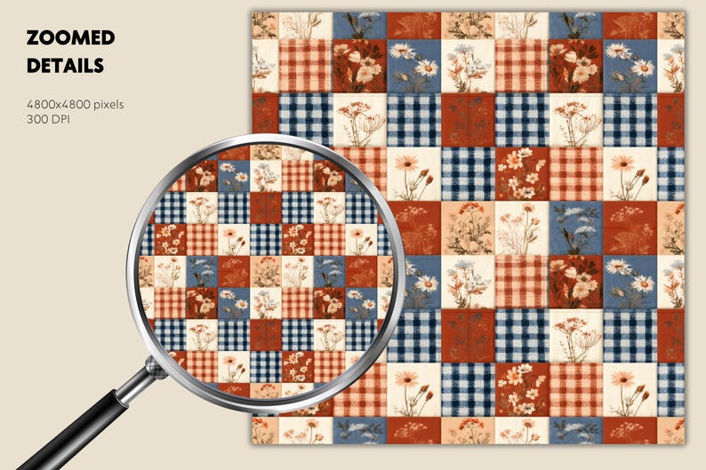 May include: A digital pattern featuring a grid of squares with alternating designs including blue and white gingham, red and white plaid, and botanical illustrations of wildflowers in shades of rust, cream, and blue, viewed through a magnifying glass.