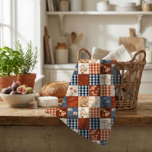 May include: A kitchen towel featuring a patchwork design of alternating squares. The pattern includes blue and white gingham, red and white gingham, and floral illustrations in shades of blue, orange, and white on a cream-colored background.
