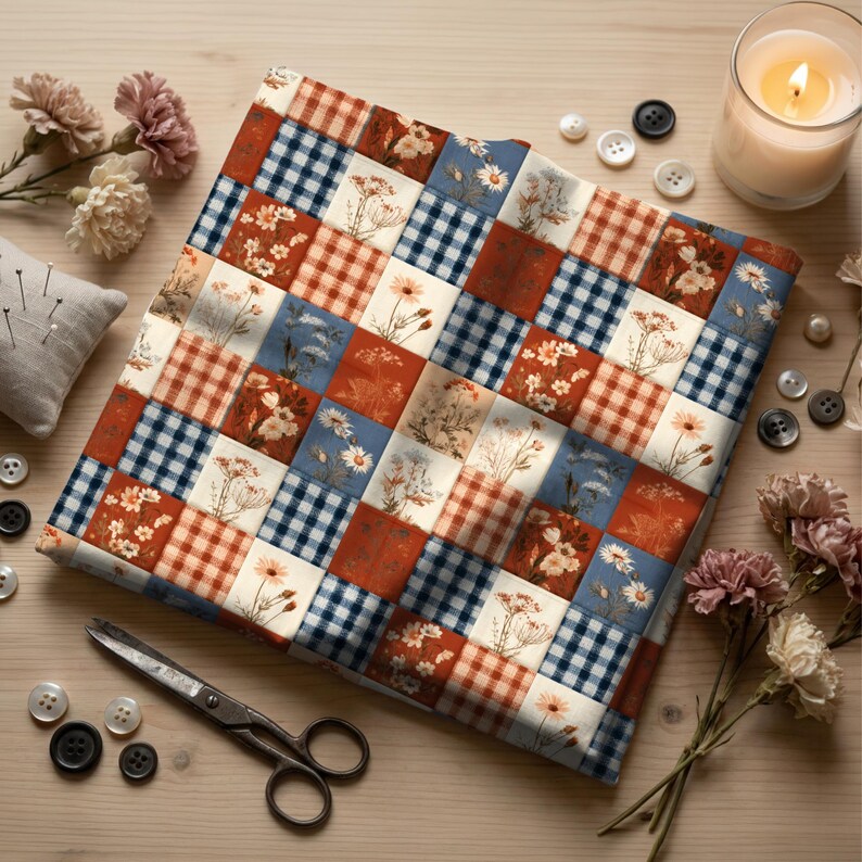 May include: A square fabric piece featuring a patchwork design of alternating squares. The pattern includes blue and white gingham, orange and white gingham, and various floral illustrations on cream backgrounds. The fabric is laid flat.