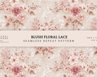 Vintage Blush Floral Seamless Pattern | Romantic Wedding Lace Floral | Digital Download