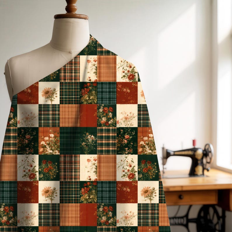 May include: A fabric swatch draped over a mannequin featuring a patchwork grid pattern. The design alternates between squares of dark green and orange plaid, solid rust red, and cream-colored squares decorated with floral illustrations.