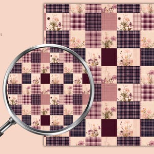 May include: A digital pattern featuring a repeating checkerboard design of alternating squares. One set of squares displays a dark purple and black plaid pattern, while the other set features a light pink background with floral illustrations.