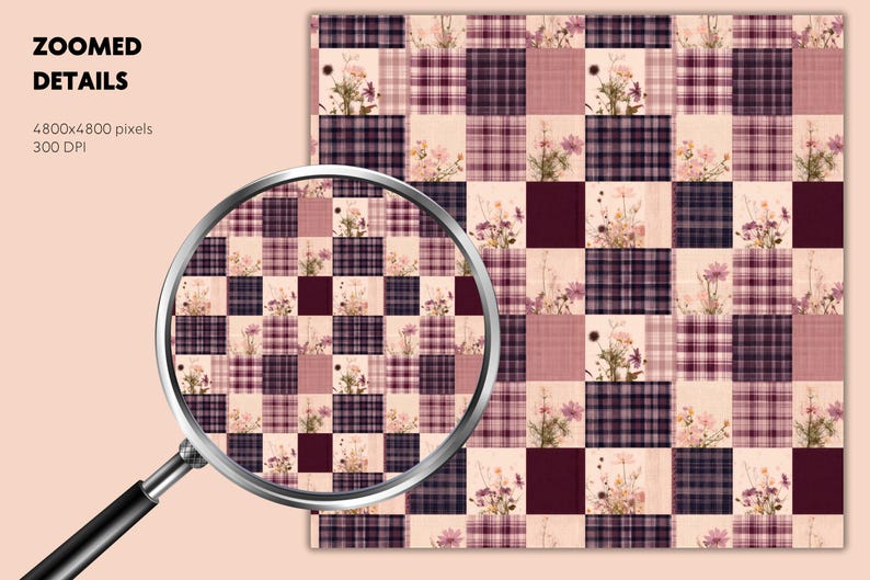 May include: A digital pattern featuring a repeating checkerboard design of alternating squares. One set of squares displays a dark purple and black plaid pattern, while the other set features a light pink background with floral illustrations.