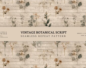 Vintage Garden Ephemera Seamless Pattern | Antique Botanical Script | Cottagecore Floral Background