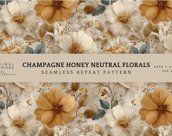 Elegant Wedding Floral Seamless Pattern | Neutral Florals in Ivory, Honey & Gold | Romantic Botanical Repeat