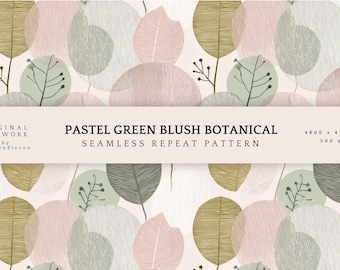 Pastel Botanical Leaf Seamless Pattern, Green Blush Design (PNG File)