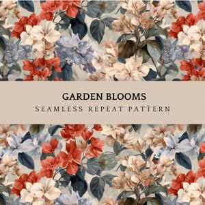 Könnte beinhalten: Nahtloses, sich wiederholendes Blumenmuster mit roten, weißen und blauen Blüten sowie grünen und blauen Blättern. Der Text "GARDEN BLOOMS" und "SEAMLESS REPEAT PATTERN" wird auf einem beigen Banner angezeigt.