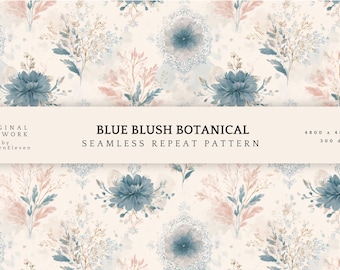 French Wedding Floral Pattern | Blue Blush Botanical Paper (Digital Download)