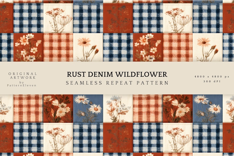 May include: A seamless repeat pattern featuring a grid of alternating squares. The design includes navy blue and white gingham, rust orange and white gingham, and cream squares with illustrations of wildflowers. Text reads: RUST DENIM WILDFLOWER.