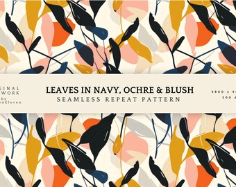 Abstract Leaves Navy Ochre & Blush Seamless Pattern | Modern Botanical | Fabric and Wallpaper Design