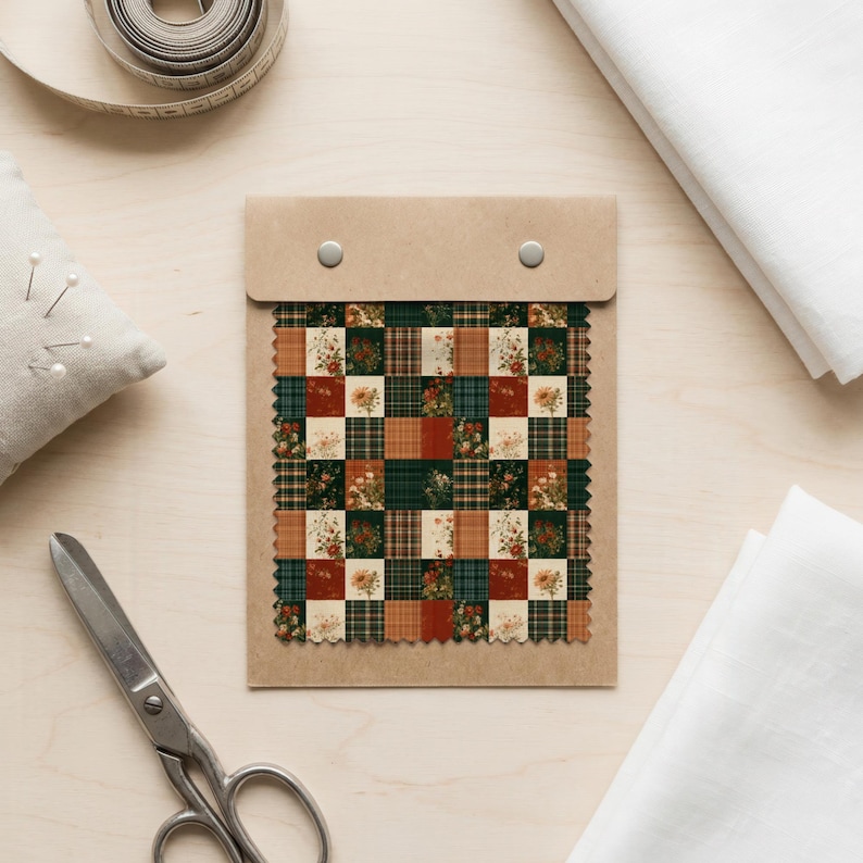 May include: A rectangular fabric swatch card featuring a patchwork design of alternating squares. The pattern consists of dark green, rust orange, and cream squares, some with floral illustrations and others with a classic plaid tartan print.