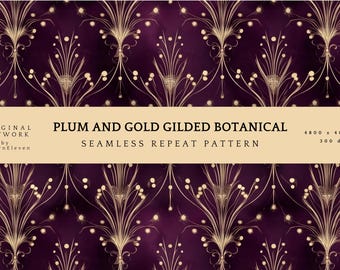Art Nouveau Plum Gold Botanical Seamless Pattern (Digital Download)