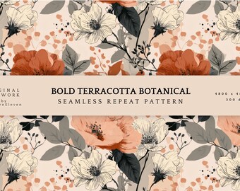 Bold Botanical Seamless Pattern | Modern Floral in Terracotta, Charcoal & Blush | Abstract Floral Repeat for Fabric, Wallpaper and POD