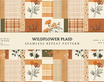 Patchwork Fall Seamless Pattern, Autumn Wildflower Plaid Digital Paper, Quilt-Inspired Floral Fabric, Cottagecore Repeat, Commercial Use