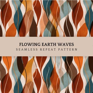 Peut inclure: Motif de répétition sans couture intitulé "Flowing Earth Waves" avec des formes allongées abstraites dans des tons de marron, orange, sarcelle et blanc. L'œuvre est de Pattern Eleven. La résolution de l'image est de 4800 x 4800 px à 300 dpi.