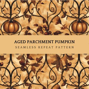 Aged Parchment Pumpkin Vine Seamless Pattern | Dark Academia Autumn Scrollwork (JPG)