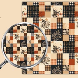 May include: A digital pattern featuring a patchwork grid of squares in black, cream, and burnt orange. The design includes alternating blocks of solid colors, plaid textures, and detailed botanical illustrations of leafy plants and small flowers.