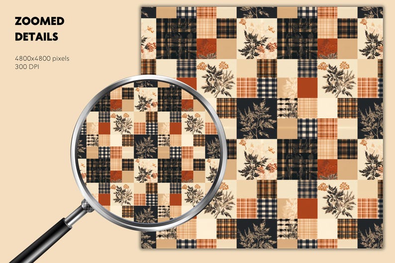 May include: A digital pattern featuring a patchwork grid of squares in black, cream, and burnt orange. The design includes alternating blocks of solid colors, plaid textures, and detailed botanical illustrations of leafy plants and small flowers.