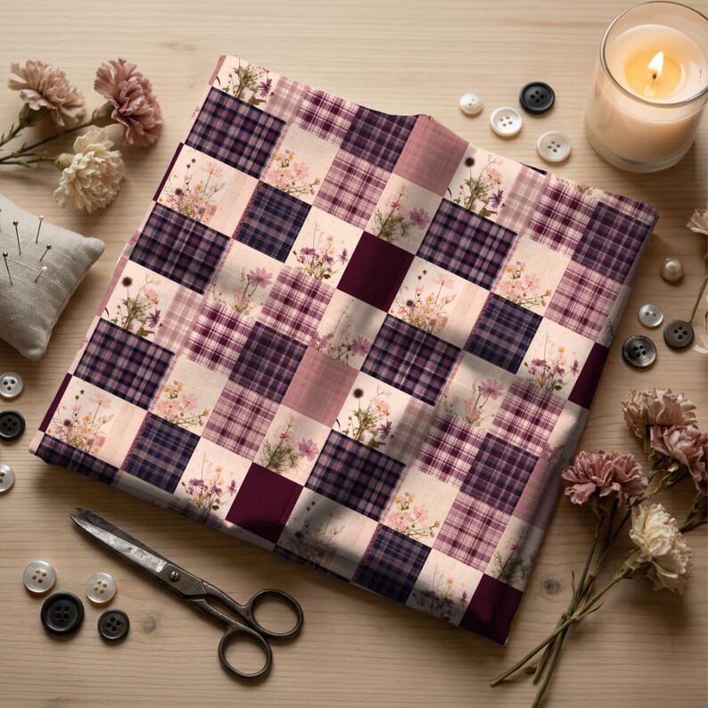 May include: A square piece of fabric featuring a patchwork design of alternating squares. Some squares display a dark purple and light pink plaid pattern, while others feature a light cream background with printed wildflowers in shades of pink and purple.